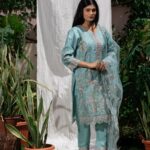 Sea Blue Organza Embroidered 3Pcs Suit Set