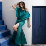 Women’s One Shoulder Satin Silk Dress – Teal Green