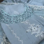 Unstitched Pastel Blue-Grey Cotton Blend 3Pcs Suit Set