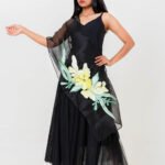 Black & Lemon green Silk Organza Hand-Embroidered Stole