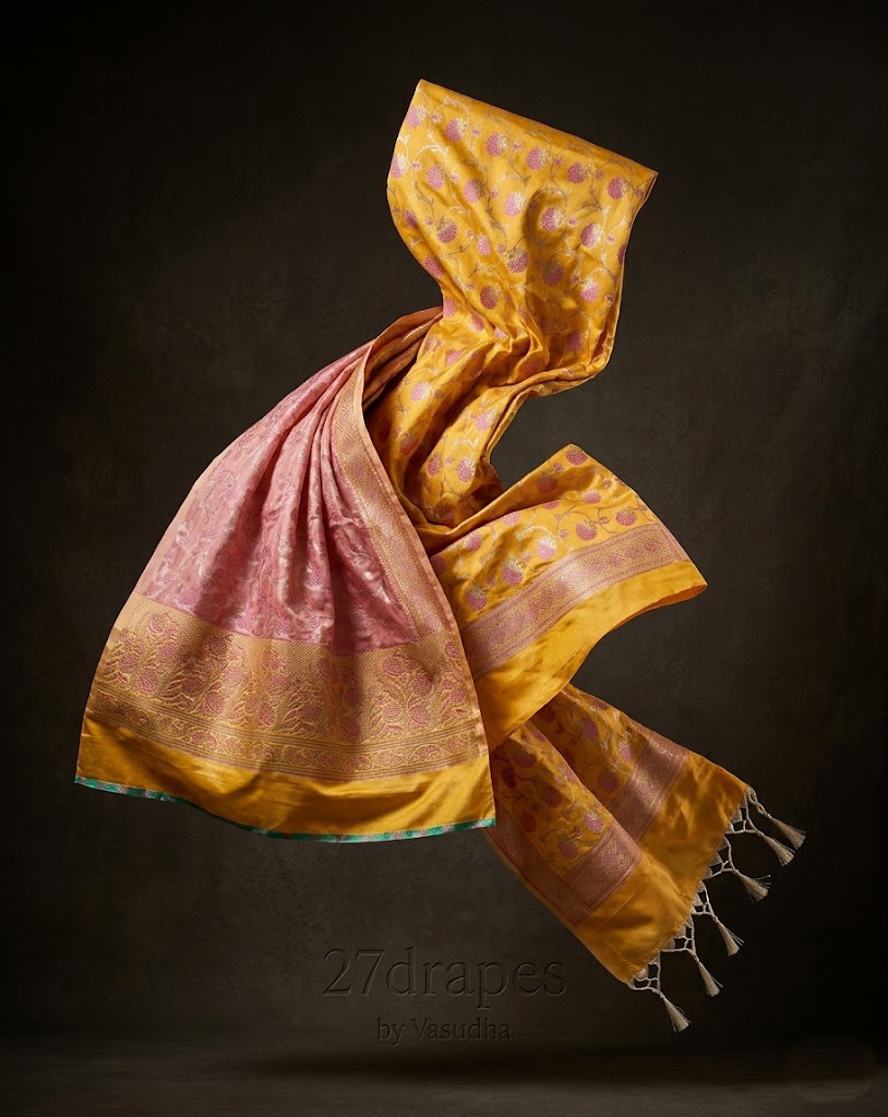 Unstitched Banarasi Katan Silk Suit Set – Sunlit Gold & Blush Pink