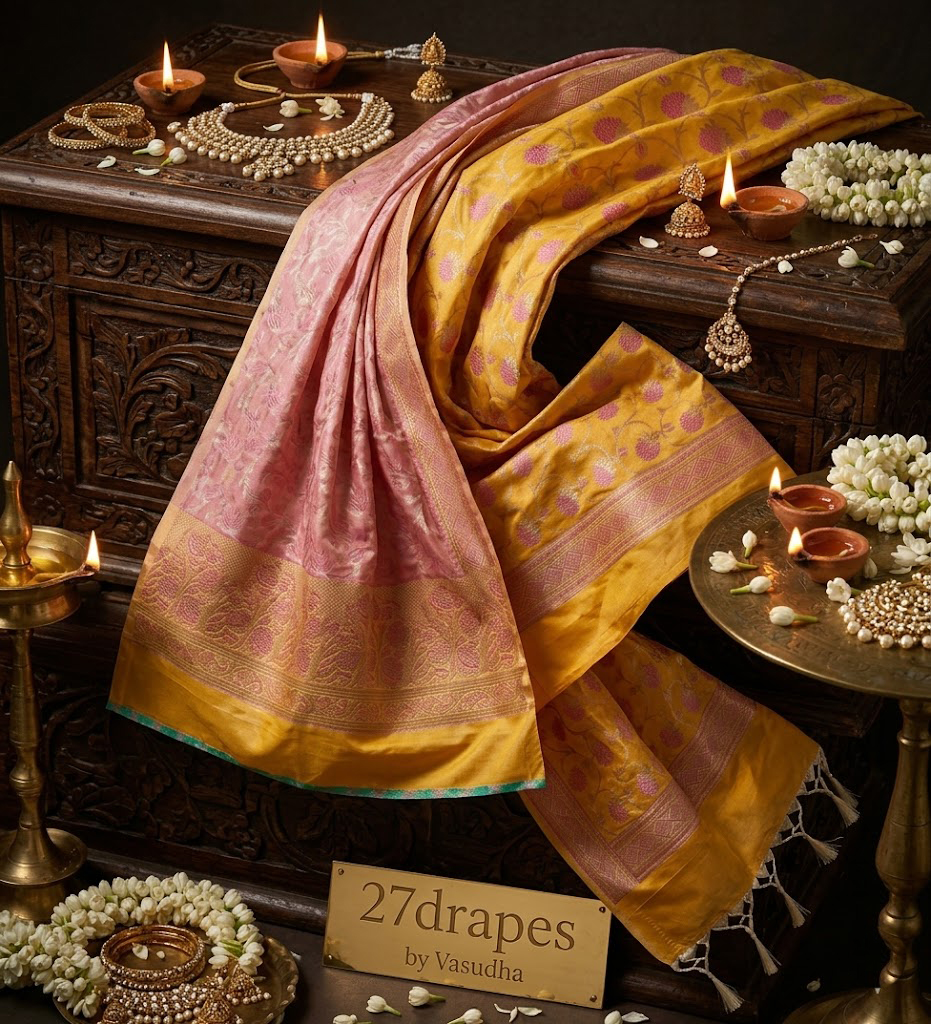 Unstitched Banarasi Katan Silk Suit Set – Sunlit Gold & Blush Pink - Image 4