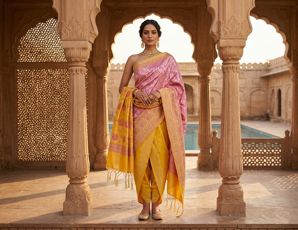 Unstitched Banarasi Katan Silk Suit Set – Sunlit Gold & Blush Pink - Image 2