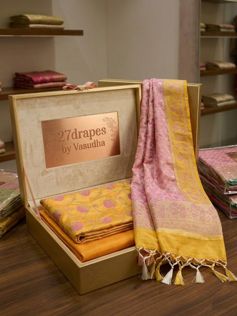 Unstitched Banarasi Katan Silk Suit Set – Sunlit Gold & Blush Pink - Image 3