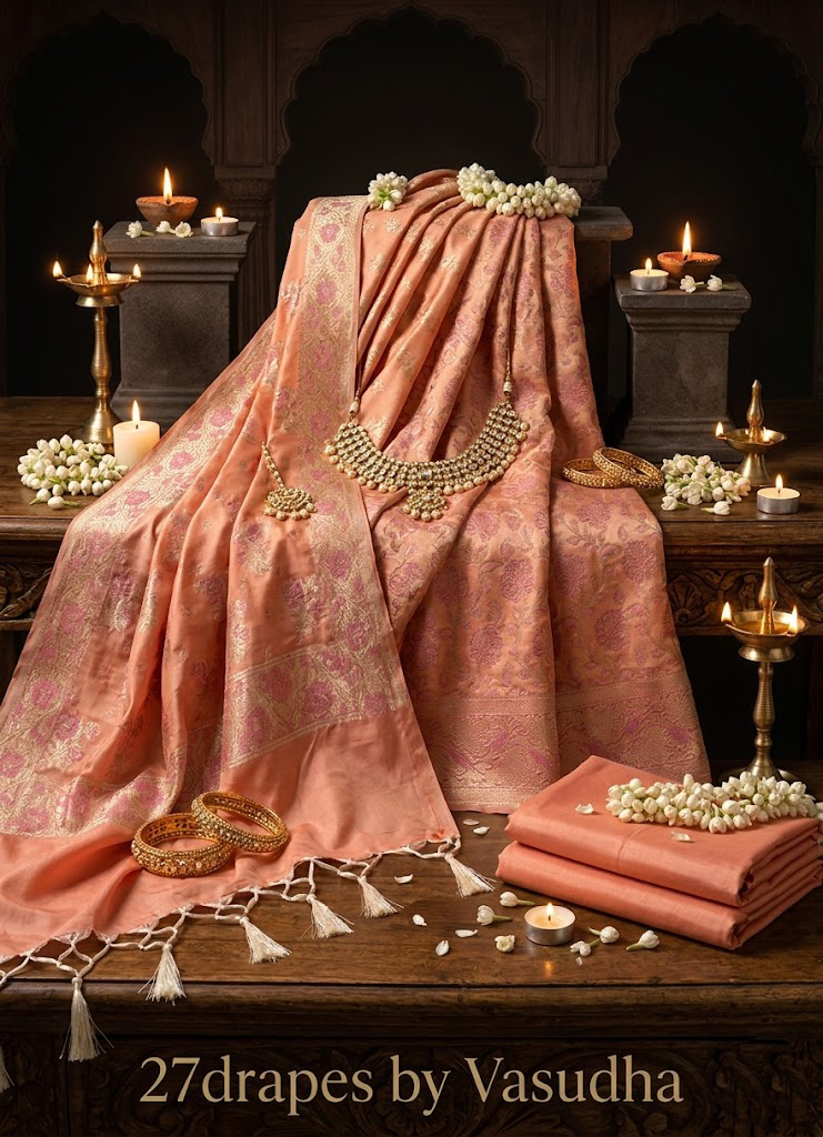 The Imperial Tanchoi Meenakari Katan Silk 3-Piece Suit Set – Peach Coral