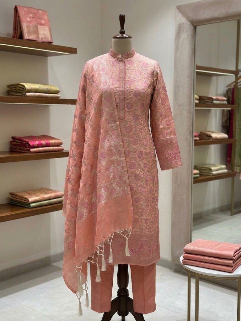 The Imperial Tanchoi Meenakari Katan Silk 3-Piece Suit Set – Peach Coral - Image 2