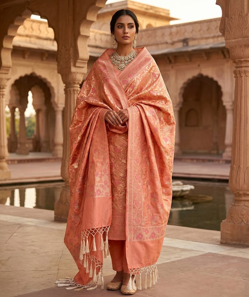 The Imperial Tanchoi Meenakari Katan Silk 3-Piece Suit Set – Peach Coral - Image 4