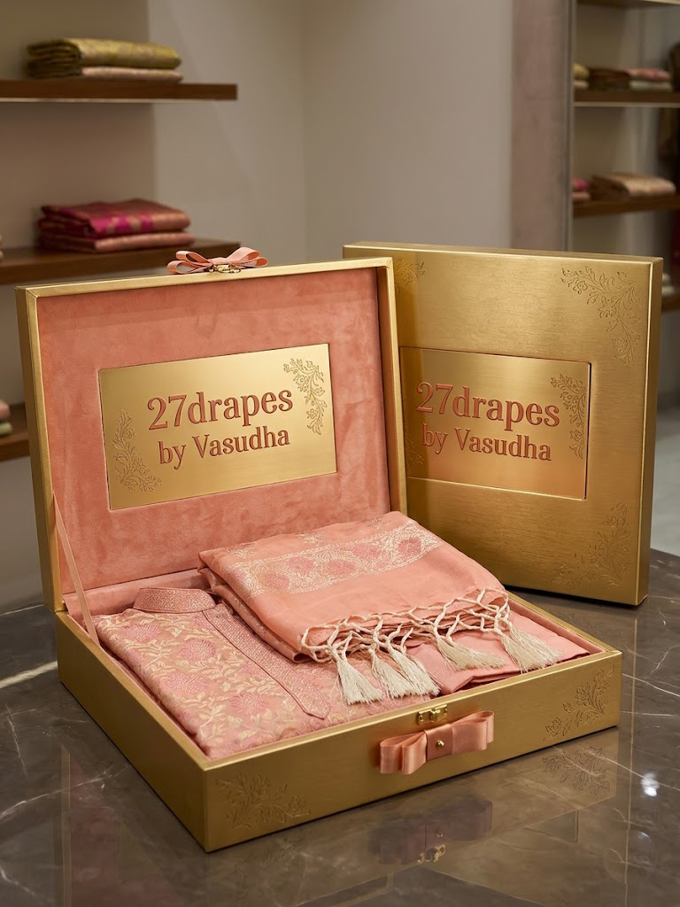 The Imperial Tanchoi Meenakari Katan Silk 3-Piece Suit Set – Peach Coral - Image 3